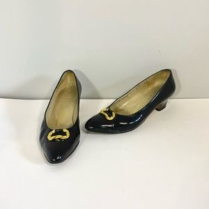 Vintage Patent Leather Kitten Heels w/ Gold Detail